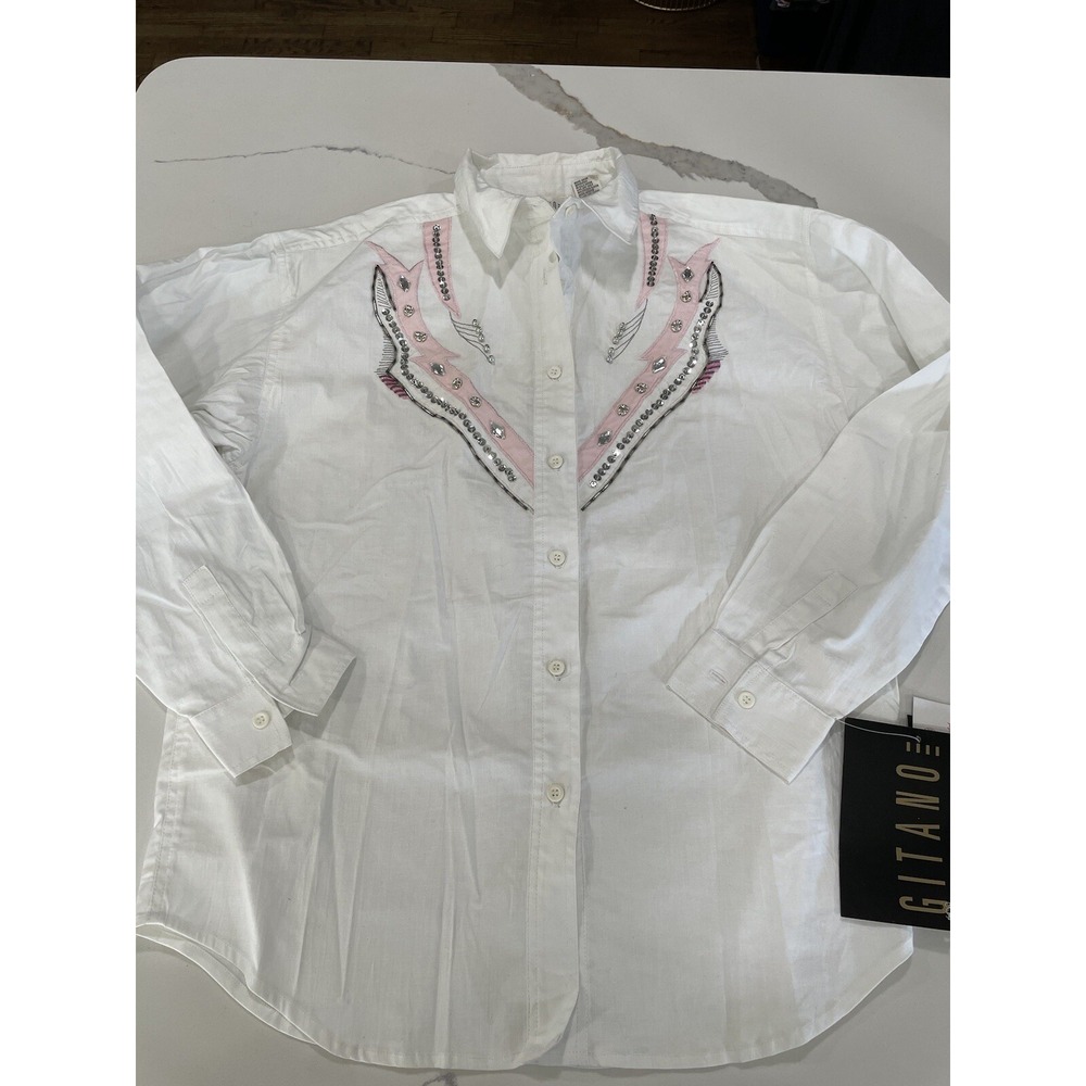 NWT Vtg 1989 Gitano Beaded Blouse White w/ Pink Accents Women's S AK113